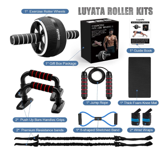 Ab Roller Wheel, 10-In-1 Ab Exercise Wheels Kit with Resistance Bands, Knee Mat, Jump Rope, Push-Up Bar - Home Gym Equipment for Men Women Core Strength...