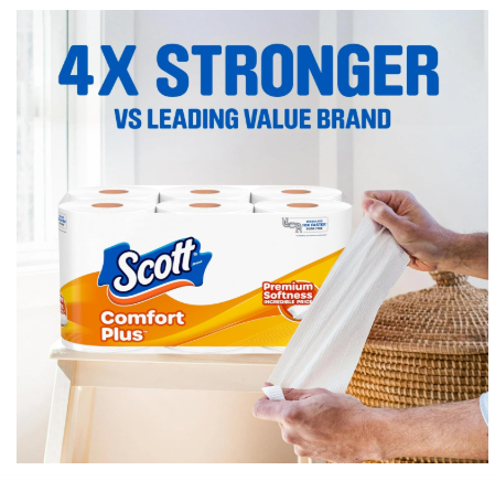 Scott ComfortPlus Toilet Paper, 12 Double Rolls, 231 Sheets per Roll, Septic-Safe, 1-Ply Toilet Tissue