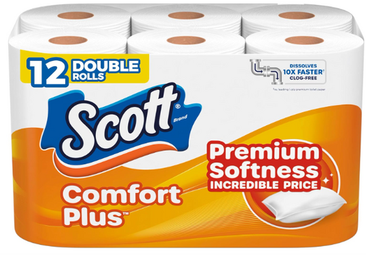 Scott ComfortPlus Toilet Paper, 12 Double Rolls, 231 Sheets per Roll, Septic-Safe, 1-Ply Toilet Tissue